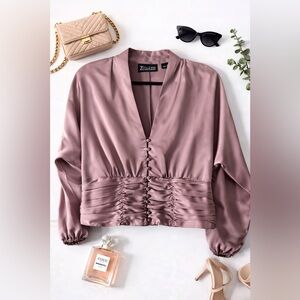 Mauve Satin Ruched Blouse | Elegant Button Front Top